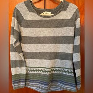Two tone grey striped sweater with green and blue around sleeves and hem.